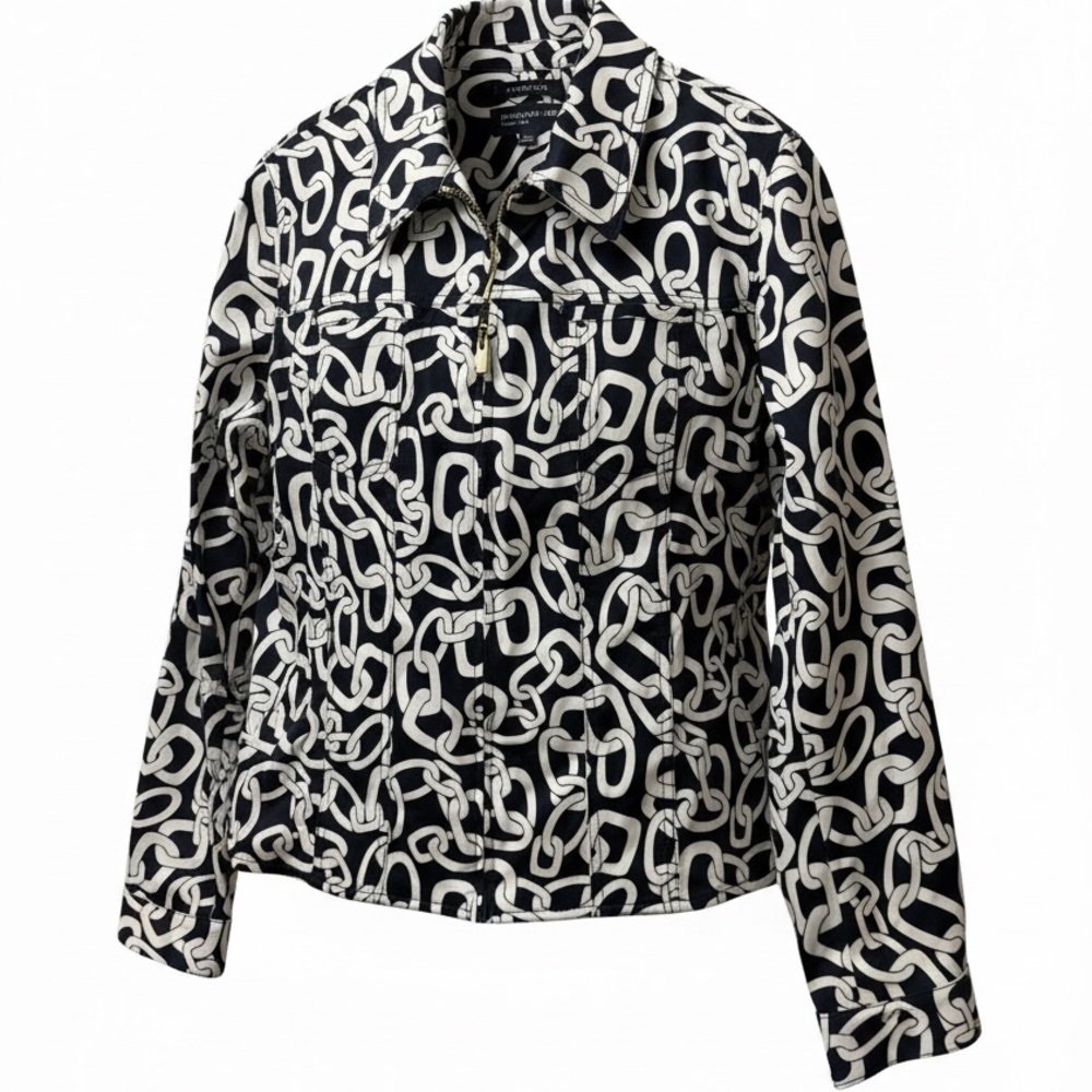 Jones New York Navy and White Patterned Large Stretch Jacket